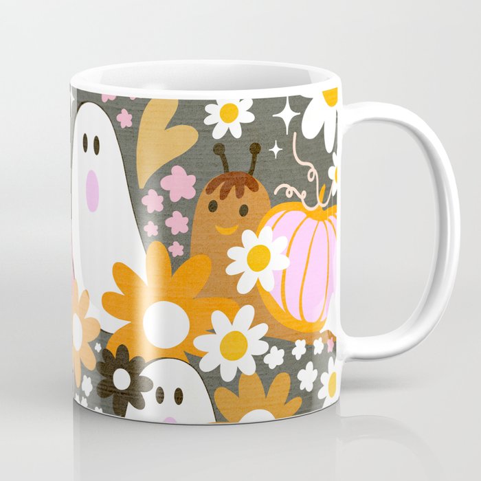 Whimsy Halloween Retro Cats and Ghosts Cottagecore Garden Party - Black Orange Pink Coffee Mug Gallery Image 1