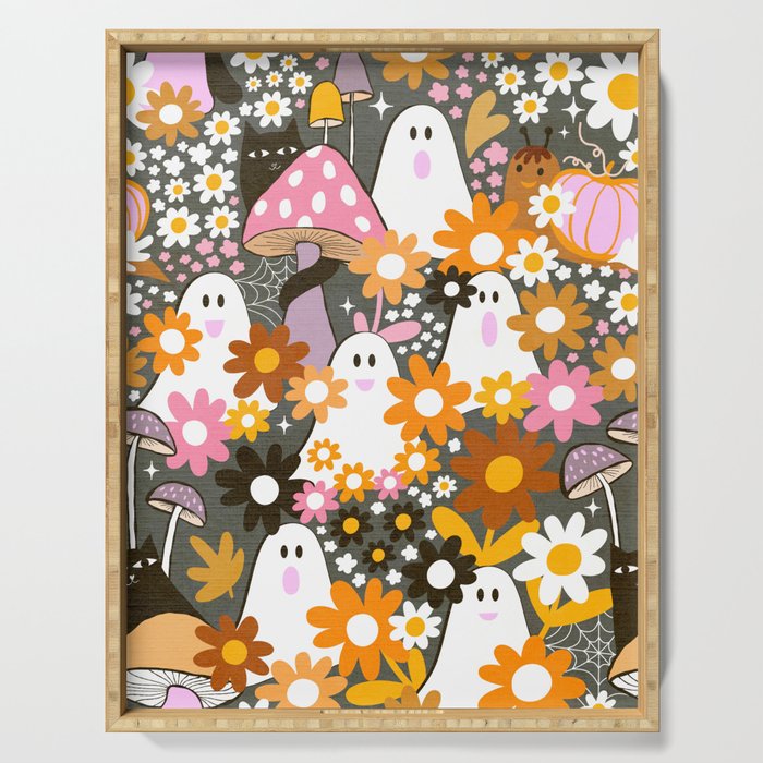 Whimsy Halloween Retro Cats and Ghosts Cottagecore Garden Party - Black Orange Pink Serving Tray Gallery Image 1