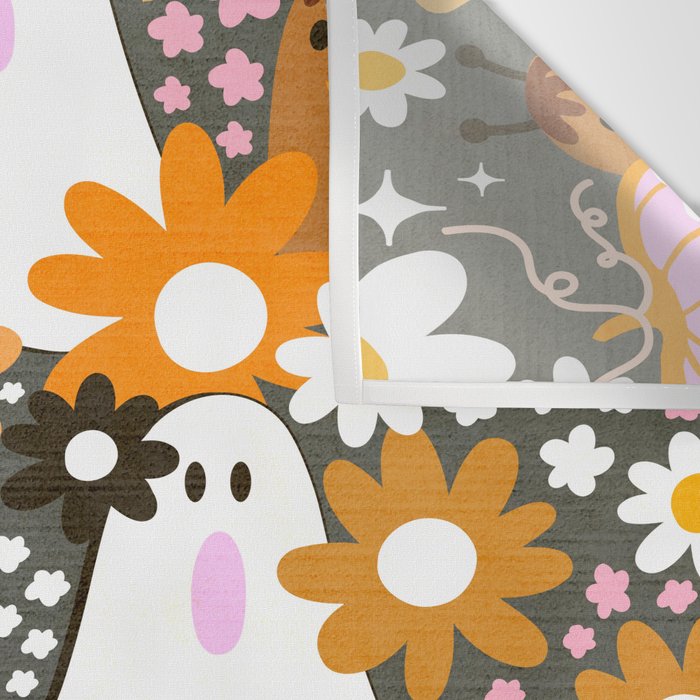 Whimsy Halloween Retro Cats and Ghosts Cottagecore Garden Party - Black Orange Pink Wall Tapestry Gallery Image 3