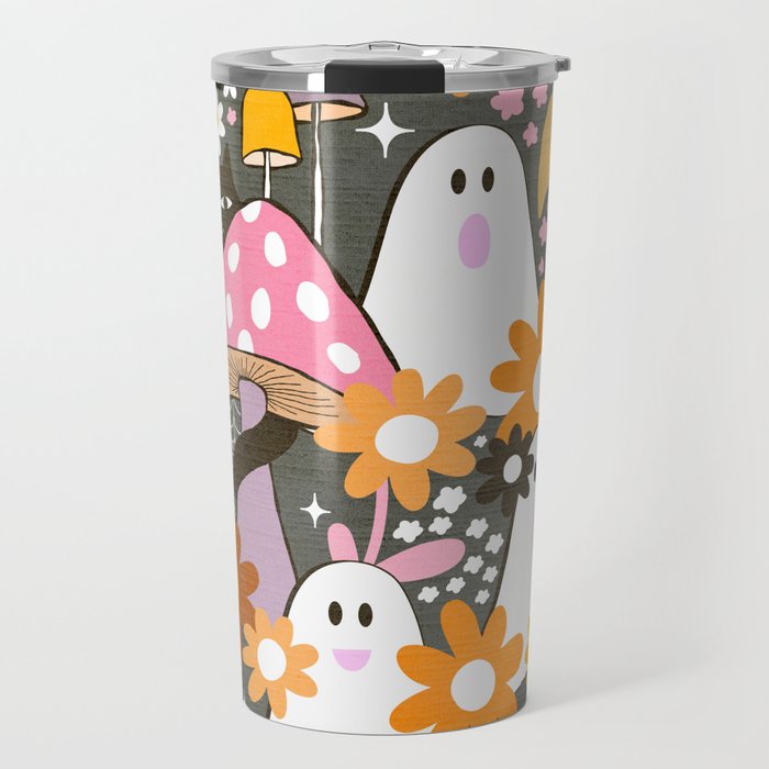 Whimsy Halloween Retro Cats and Ghosts Cottagecore Garden Party - Black Orange Pink Travel Mug Gallery Image 1