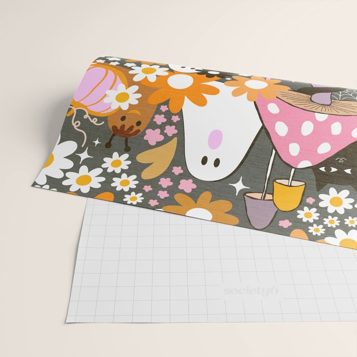 Whimsy Halloween Retro Cats and Ghosts Cottagecore Garden Party - Black Orange Pink Wrapping Paper Gallery Image 2