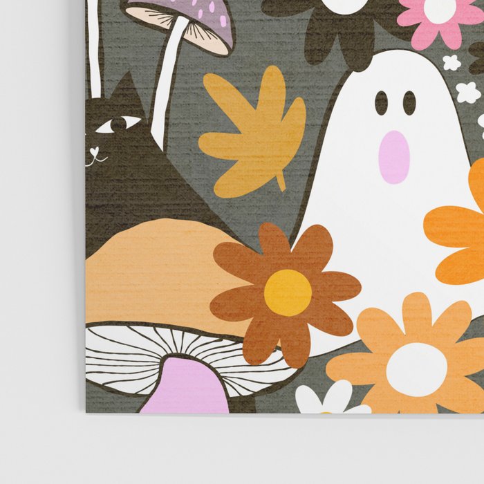 Whimsy Halloween Retro Cats and Ghosts Cottagecore Garden Party - Black Orange Pink Poster Gallery Image 3