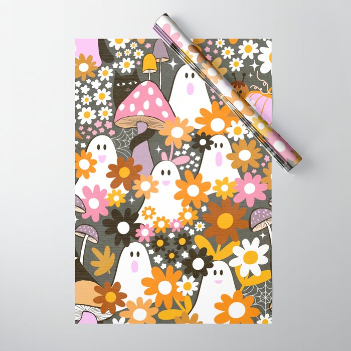 Whimsy Halloween Retro Cats and Ghosts Cottagecore Garden Party - Black Orange Pink Wrapping Paper Gallery Image 1