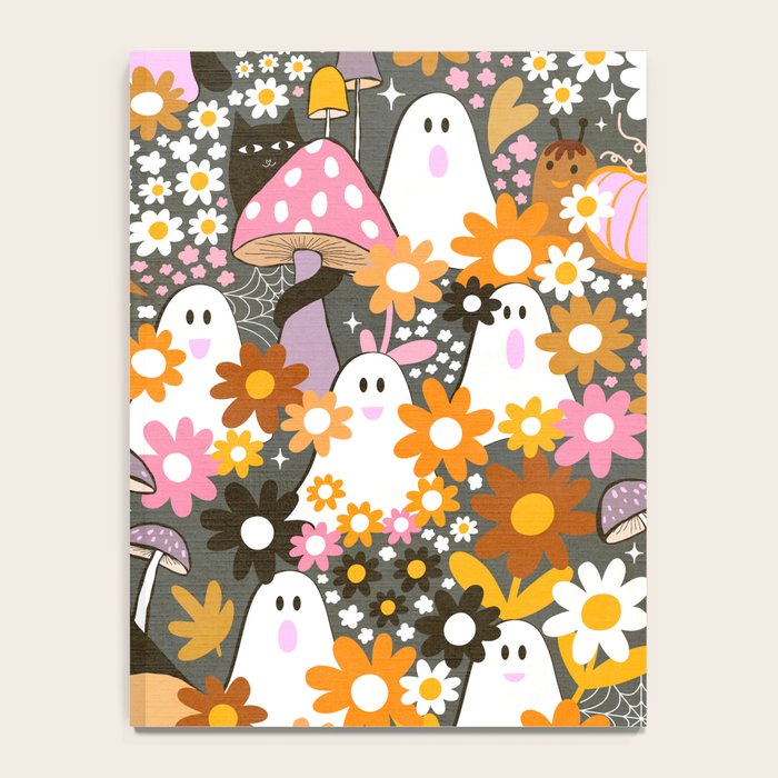 Whimsy Halloween Retro Cats and Ghosts Cottagecore Garden Party - Black Orange Pink Notebook Gallery Image 4