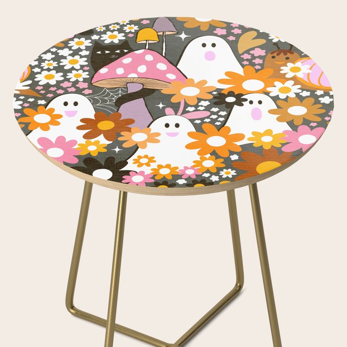 Whimsy Halloween Retro Cats and Ghosts Cottagecore Garden Party - Black Orange Pink Side Table Gallery Image 2