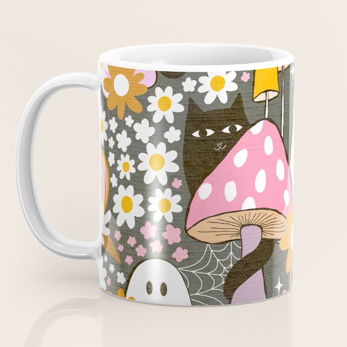 Whimsy Halloween Retro Cats and Ghosts Cottagecore Garden Party - Black Orange Pink Coffee Mug Gallery Image 3