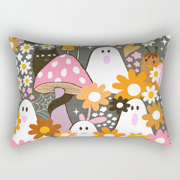 Whimsy Halloween Retro Cats and Ghosts Cottagecore Garden Party - Black Orange Pink Rectangular Pillow Gallery Image 2