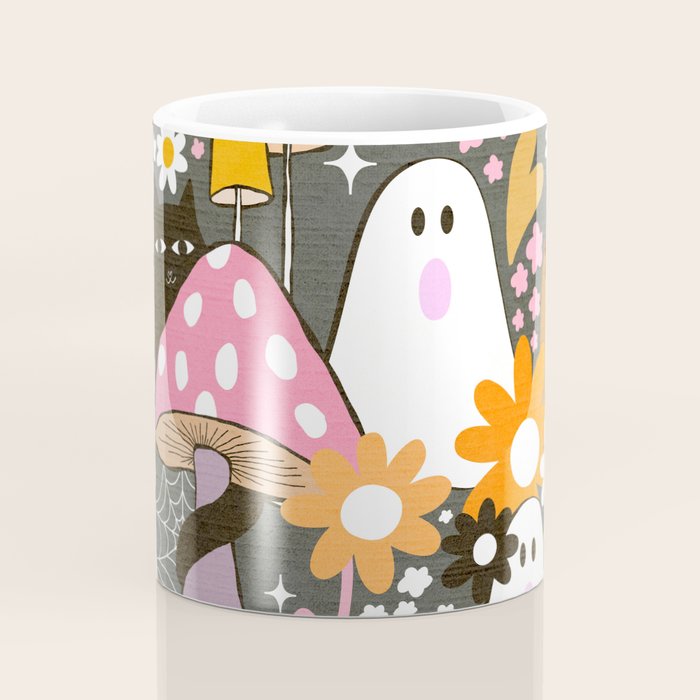 Whimsy Halloween Retro Cats and Ghosts Cottagecore Garden Party - Black Orange Pink Coffee Mug Gallery Image 4