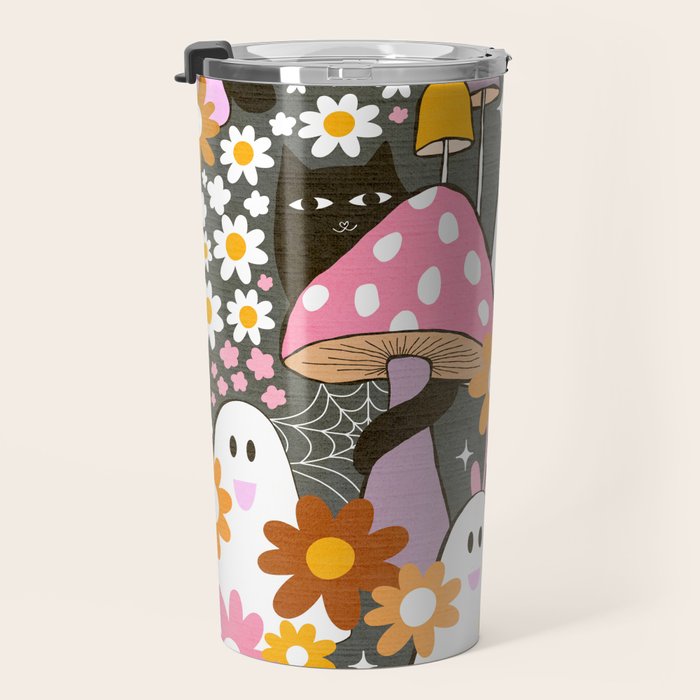 Whimsy Halloween Retro Cats and Ghosts Cottagecore Garden Party - Black Orange Pink Travel Mug Gallery Image 3
