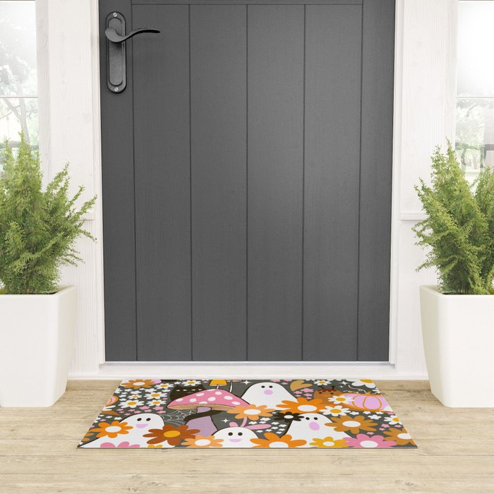 Whimsy Halloween Retro Cats and Ghosts Cottagecore Garden Party - Black Orange Pink Welcome Mat Gallery Image 3