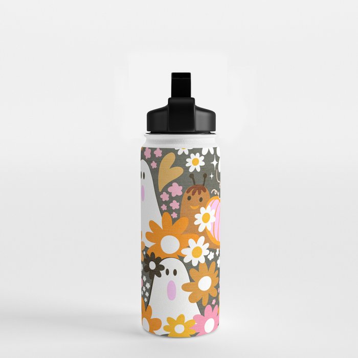 Whimsy Halloween Retro Cats and Ghosts Cottagecore Garden Party - Black Orange Pink Water Bottle Gallery Image 2