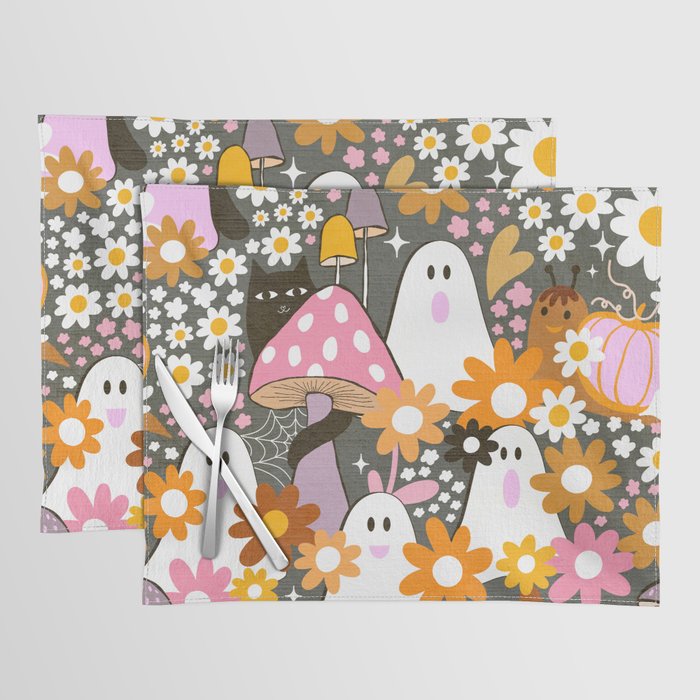 Whimsy Halloween Retro Cats and Ghosts Cottagecore Garden Party - Black Orange Pink Placemat Gallery Image 1