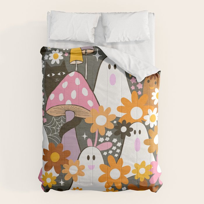 Whimsy Halloween Retro Cats and Ghosts Cottagecore Garden Party - Black Orange Pink Comforter Gallery Image 6