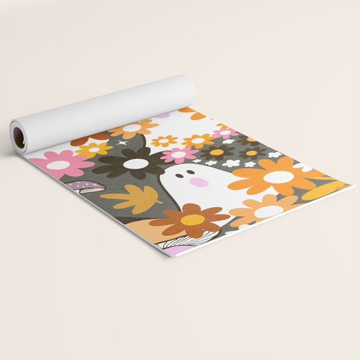 Whimsy Halloween Retro Cats and Ghosts Cottagecore Garden Party - Black Orange Pink Yoga Mat Gallery Image 2