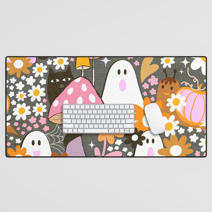 Whimsy Halloween Retro Cats and Ghosts Cottagecore Garden Party - Black Orange Pink Desk Mat Gallery Image 1