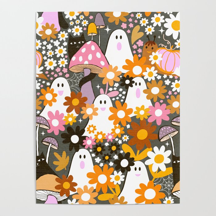 Whimsy Halloween Retro Cats and Ghosts Cottagecore Garden Party - Black Orange Pink Poster Gallery Image 4