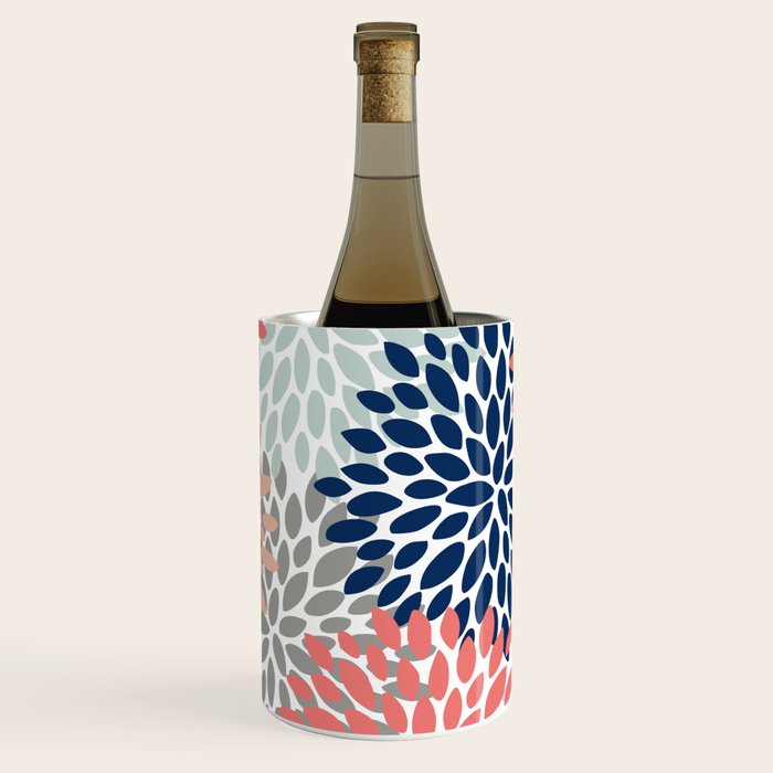 Floral Bloom Print, Living Coral, Pale Aqua Blue, Gray, Navy Wine Chiller Gallery Image 1