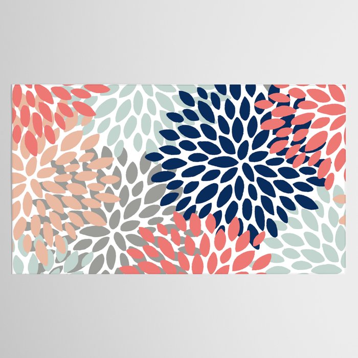 Floral Bloom Print, Living Coral, Pale Aqua Blue, Gray, Navy Tablecloth Gallery Image 2