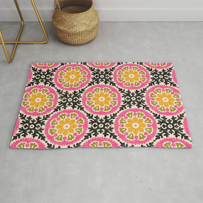 Folk Art Mandala - vintage pink, gold, and avocado green Rug Gallery Image 1