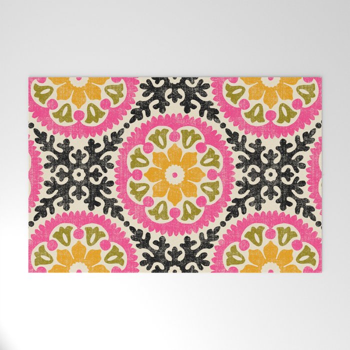 Folk Art Mandala - vintage pink, gold, and avocado green Welcome Mat Gallery Image 1