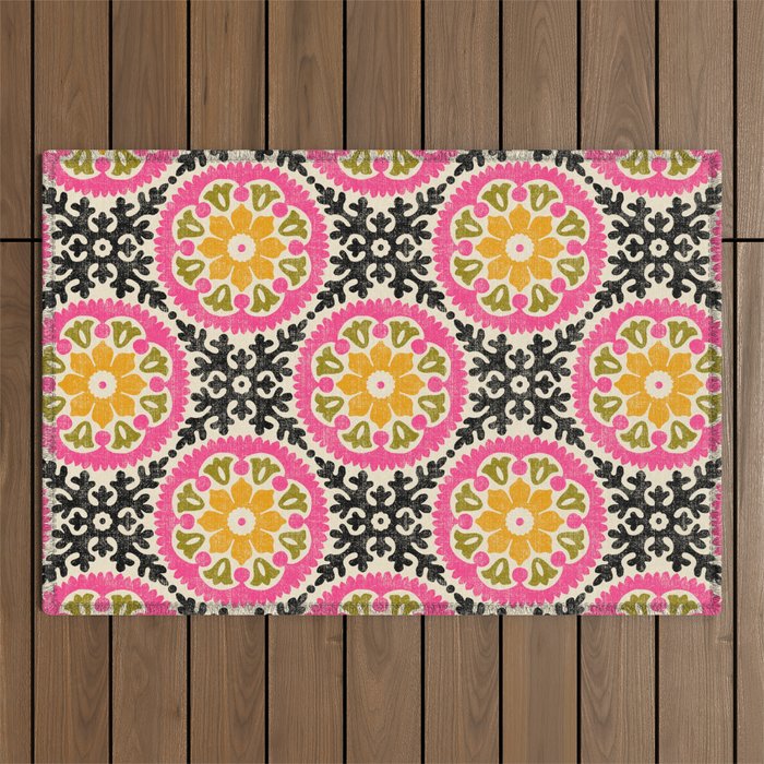 Folk Art Mandala - vintage pink, gold, and avocado green Outdoor Rug Gallery Image 1
