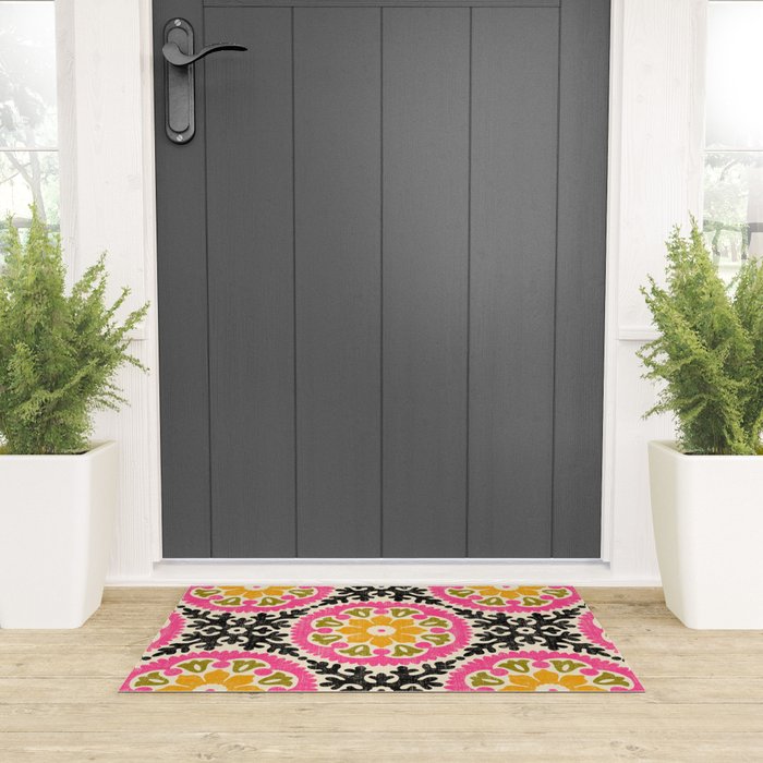 Folk Art Mandala - vintage pink, gold, and avocado green Welcome Mat Gallery Image 3