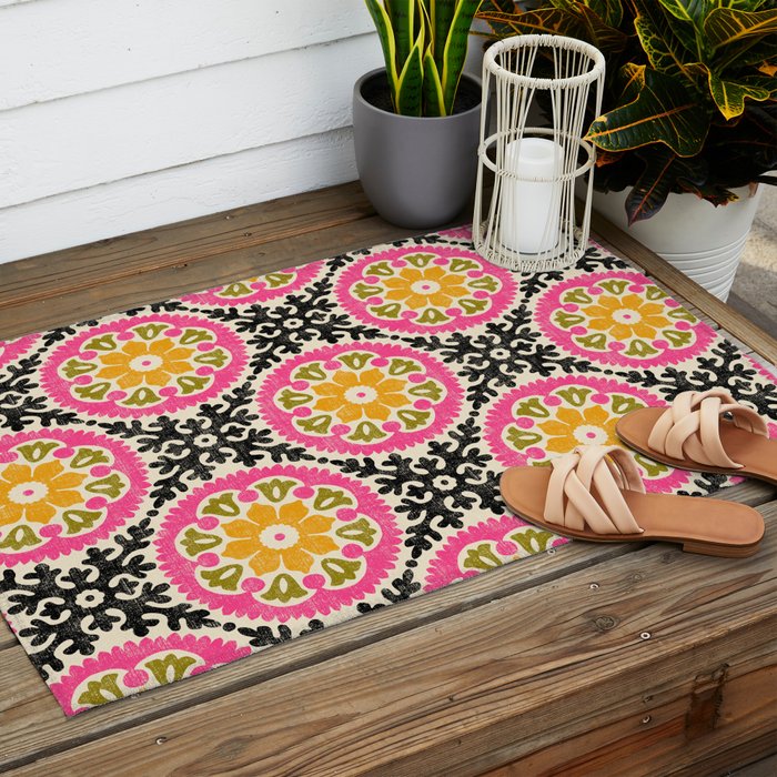 Folk Art Mandala - vintage pink, gold, and avocado green Outdoor Rug Gallery Image 2