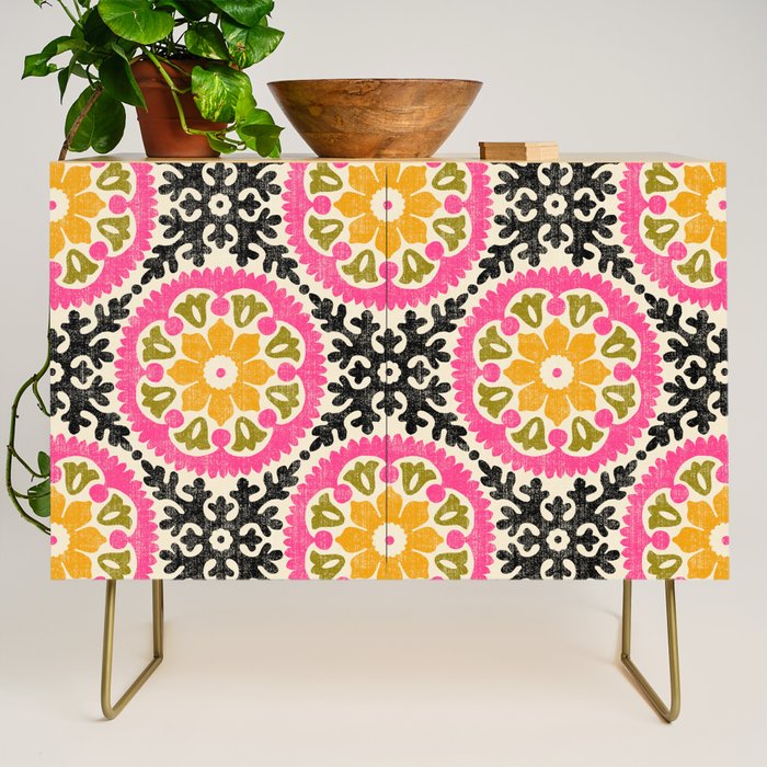 Folk Art Mandala - vintage pink, gold, and avocado green Credenza Gallery Image 1