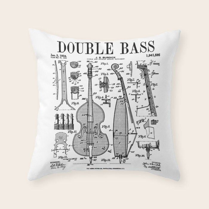 Double Bass Player Bassist Musical Instrument Vintage Patent Throw Pillow Gallery Image 6