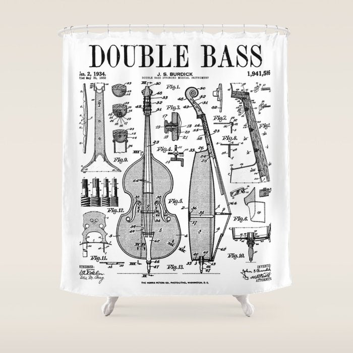 Double Bass Player Bassist Musical Instrument Vintage Patent Shower Curtain Gallery Image 1