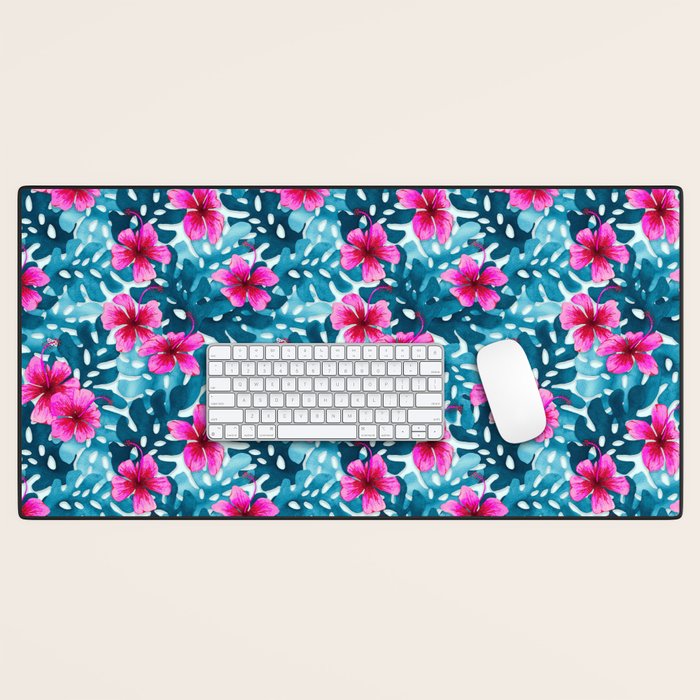 Tropical Hibiscus Pattern Pink Desk Mat Gallery Image 1