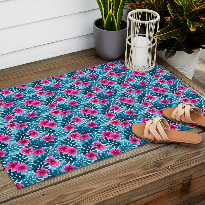 Tropical Hibiscus Pattern Pink Outdoor Rug Gallery Image 2