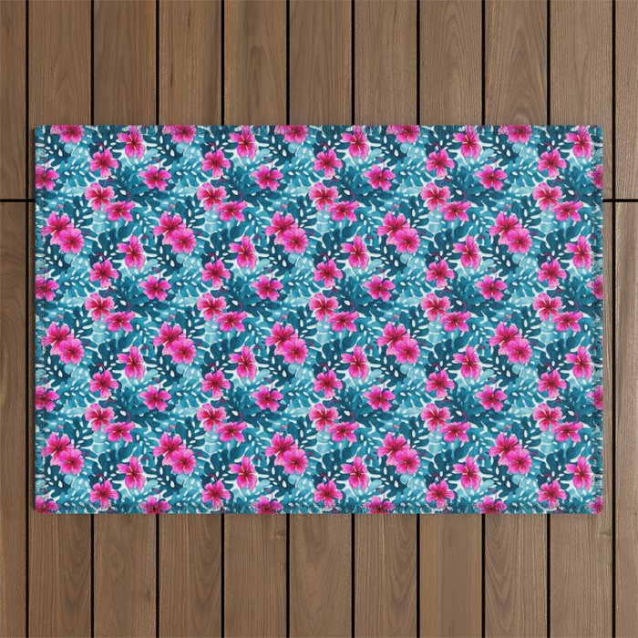Tropical Hibiscus Pattern Pink Outdoor Rug Gallery Image 1