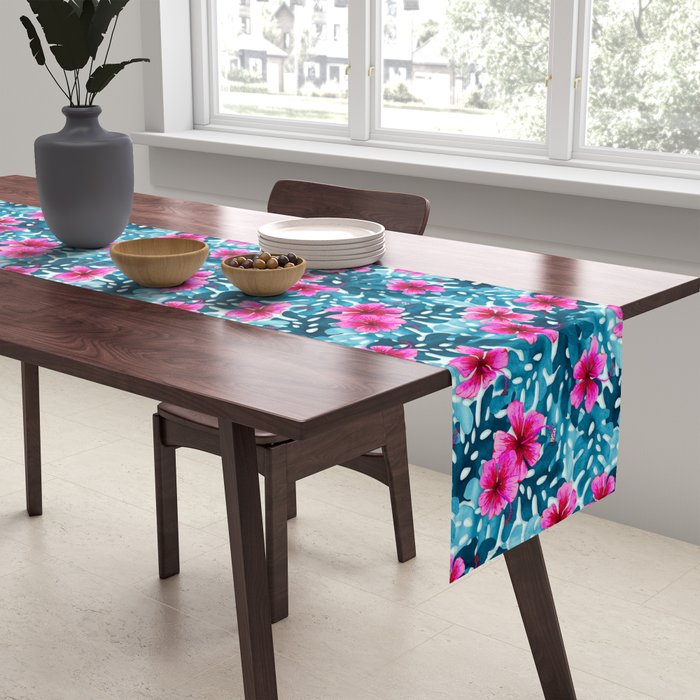 Tropical Hibiscus Pattern Pink Table Runner Gallery Image 2