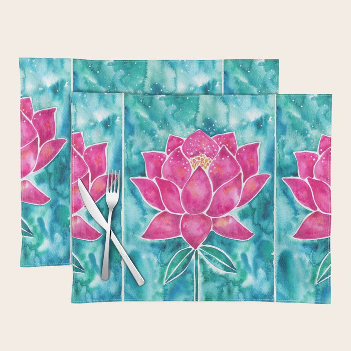 Sacred Lotus - Magenta Blossom with Turquoise Wash Placemat Gallery Image 1
