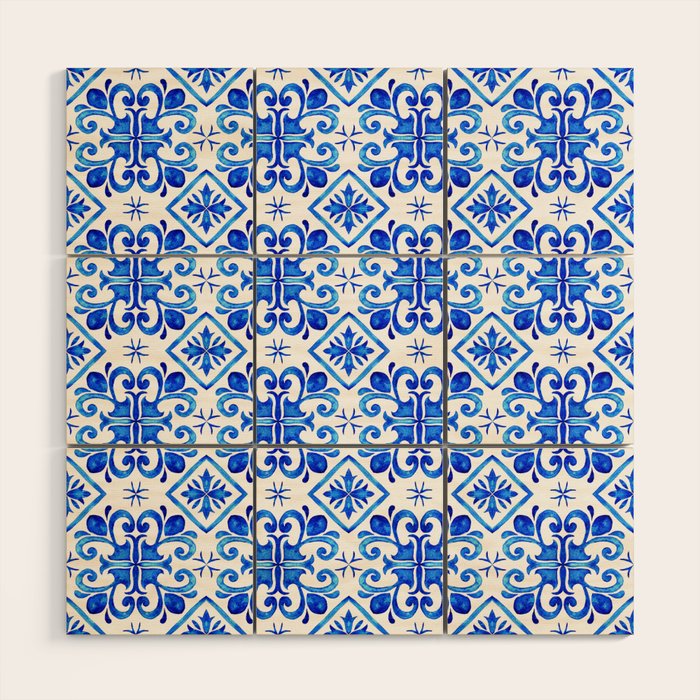 Greek Blue and White Pattern Spanish Tiles Amalfi Coast Pattern Wood Wall Art Gallery Image 1