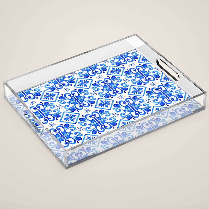 Greek Blue and White Pattern Spanish Tiles Amalfi Coast Pattern Acrylic Tray Gallery Image 1