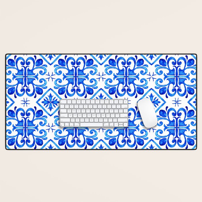 Greek Blue and White Pattern Spanish Tiles Amalfi Coast Pattern Desk Mat Gallery Image 1