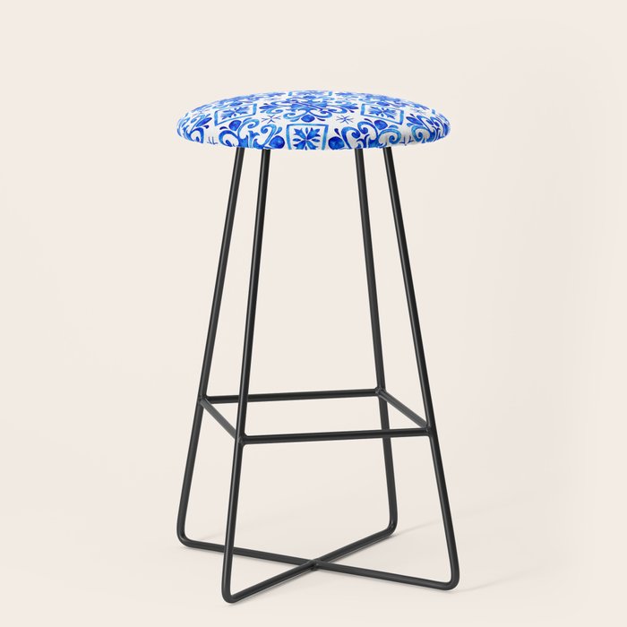 Greek Blue and White Pattern Spanish Tiles Amalfi Coast Pattern Stool Gallery Image 1