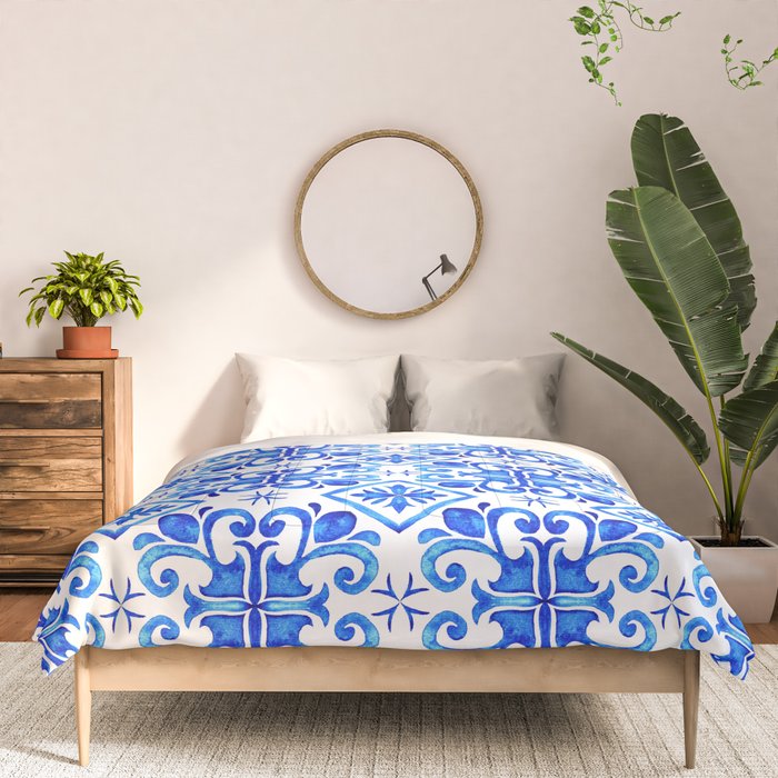Greek Blue and White Pattern Spanish Tiles Amalfi Coast Pattern Comforter Gallery Image 3