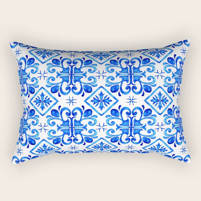 Greek Blue and White Pattern Spanish Tiles Amalfi Coast Pattern Rectangular Pillow Gallery Image 1