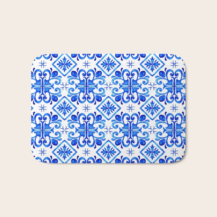 Greek Blue and White Pattern Spanish Tiles Amalfi Coast Pattern Bath Mat