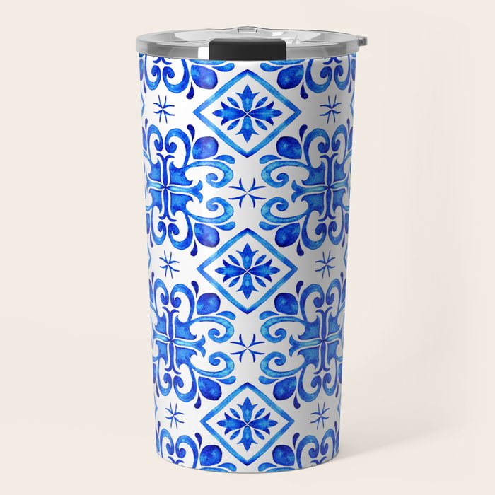 Greek Blue and White Pattern Spanish Tiles Amalfi Coast Pattern Travel Mug Gallery Image 1
