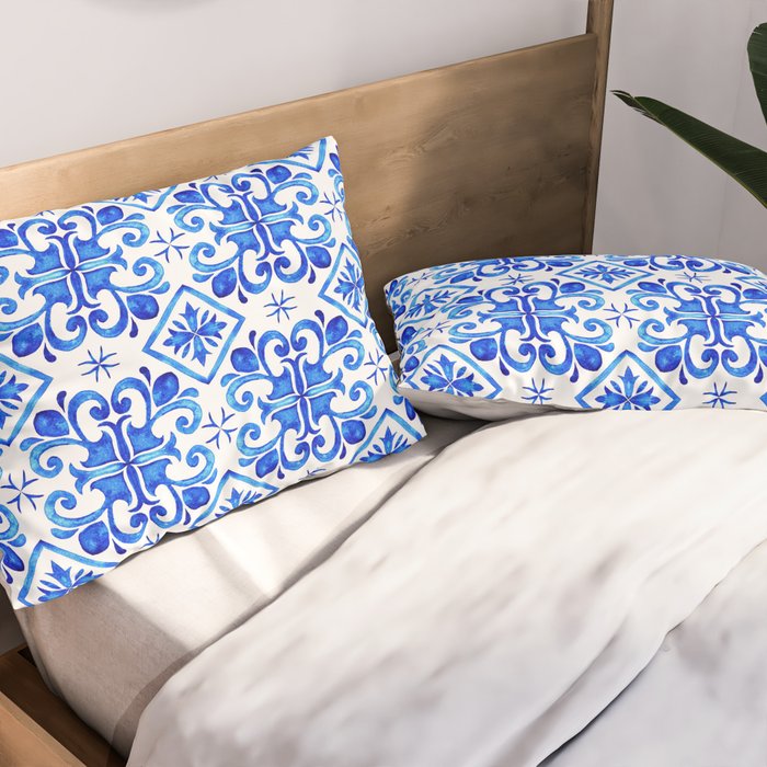 Greek Blue and White Pattern Spanish Tiles Amalfi Coast Pattern Pillow Sham Gallery Image 2