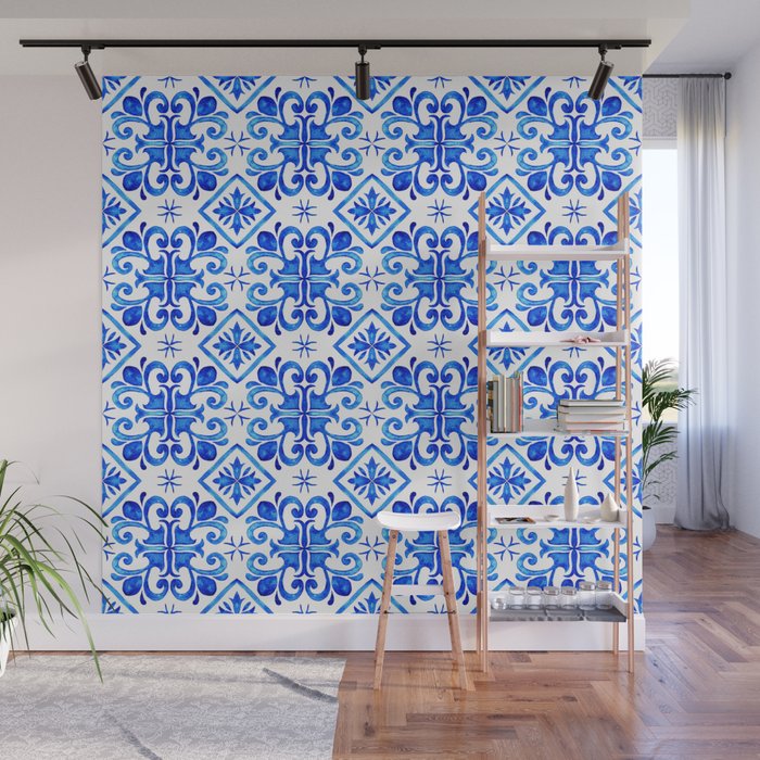 Greek Blue and White Pattern Spanish Tiles Amalfi Coast Pattern Wall Mural Gallery Image 1