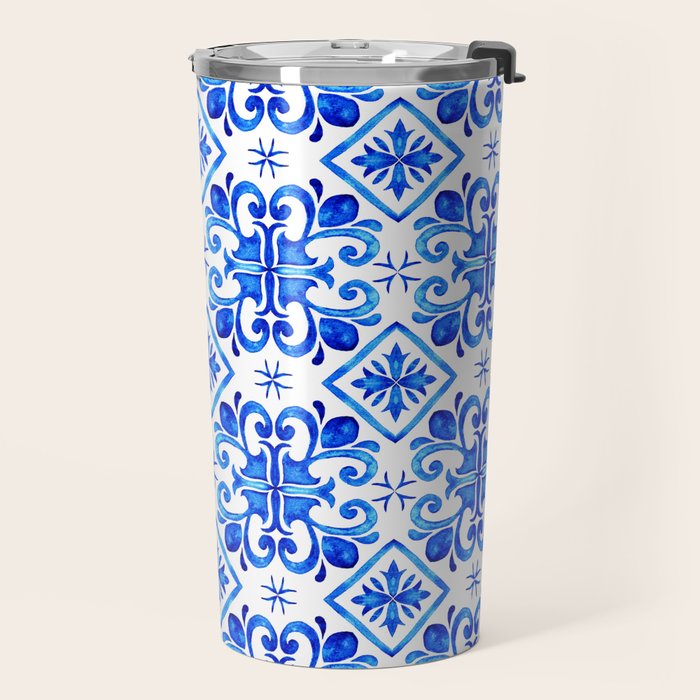 Greek Blue and White Pattern Spanish Tiles Amalfi Coast Pattern Travel Mug Gallery Image 2