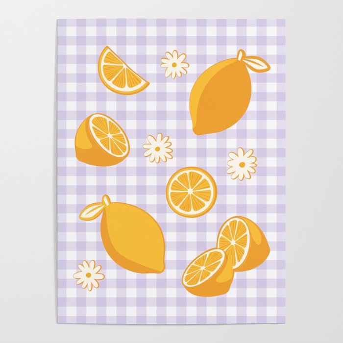 Lemons on Lilac Purple Gingham Poster Gallery Image 1