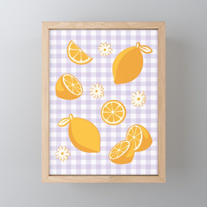 Lemons on Lilac Purple Gingham Mini Art Print Gallery Image 1