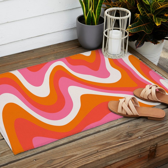 Retro Pink and Orange 70s Abstract Outdoor Rug Gallery Image 2