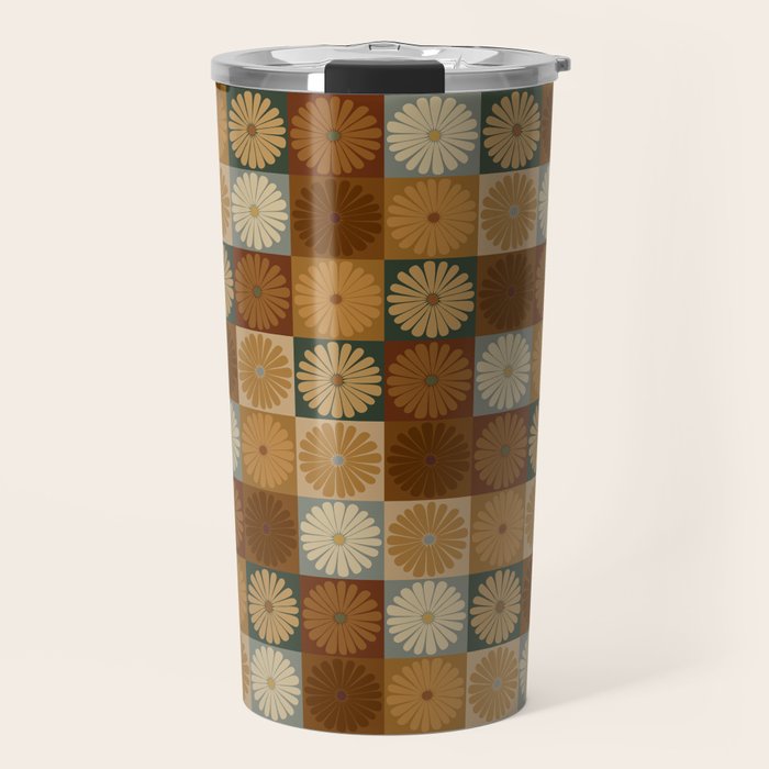 Retro Flowers Check Pattern IV Travel Mug Gallery Image 1